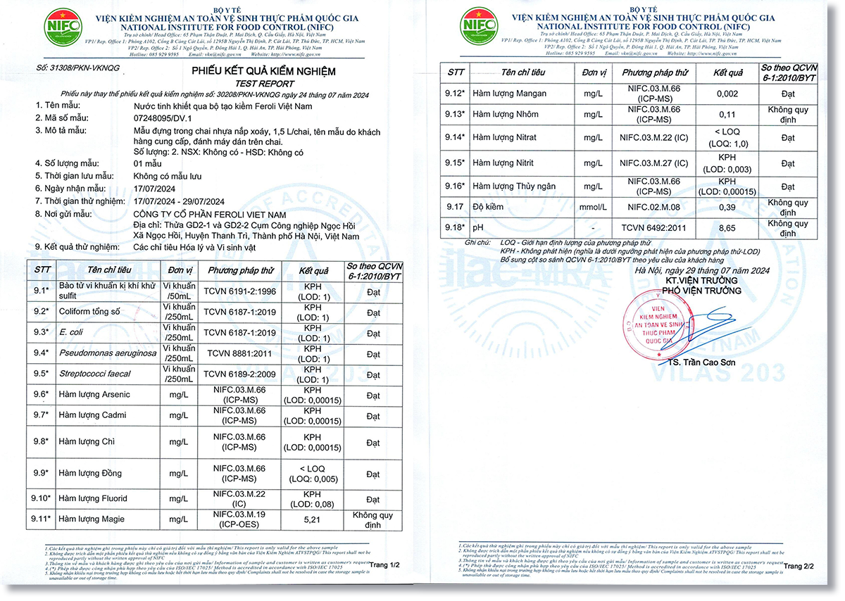 phiếu kiểm nghiệm chất lượng nước