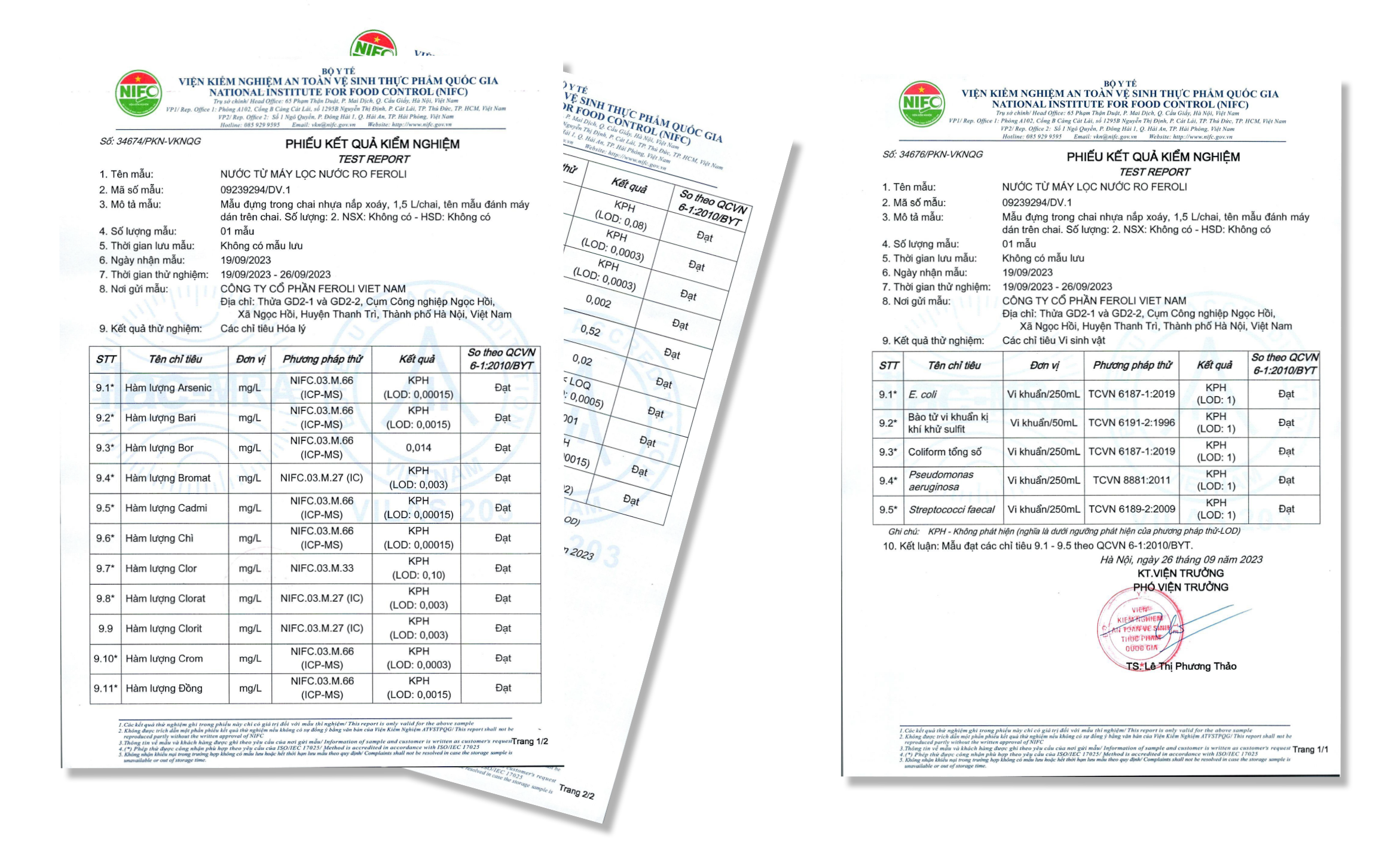 phiếu kiểm định nước từ máy lọc nước Feroli